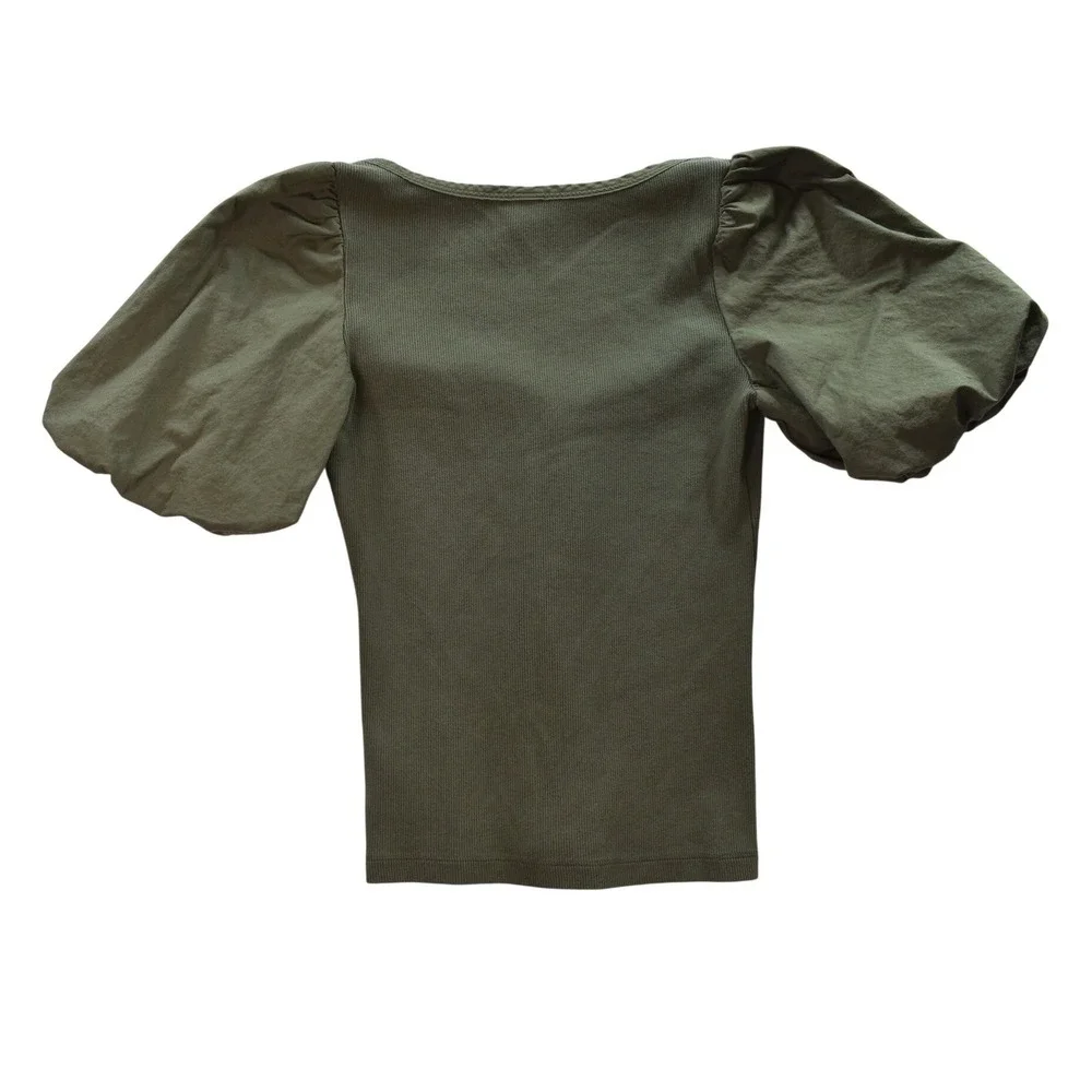 Old Navy Womens XS Olive Green Ribbed Henley Top Puff Sleeve V-Neck Slim Fit